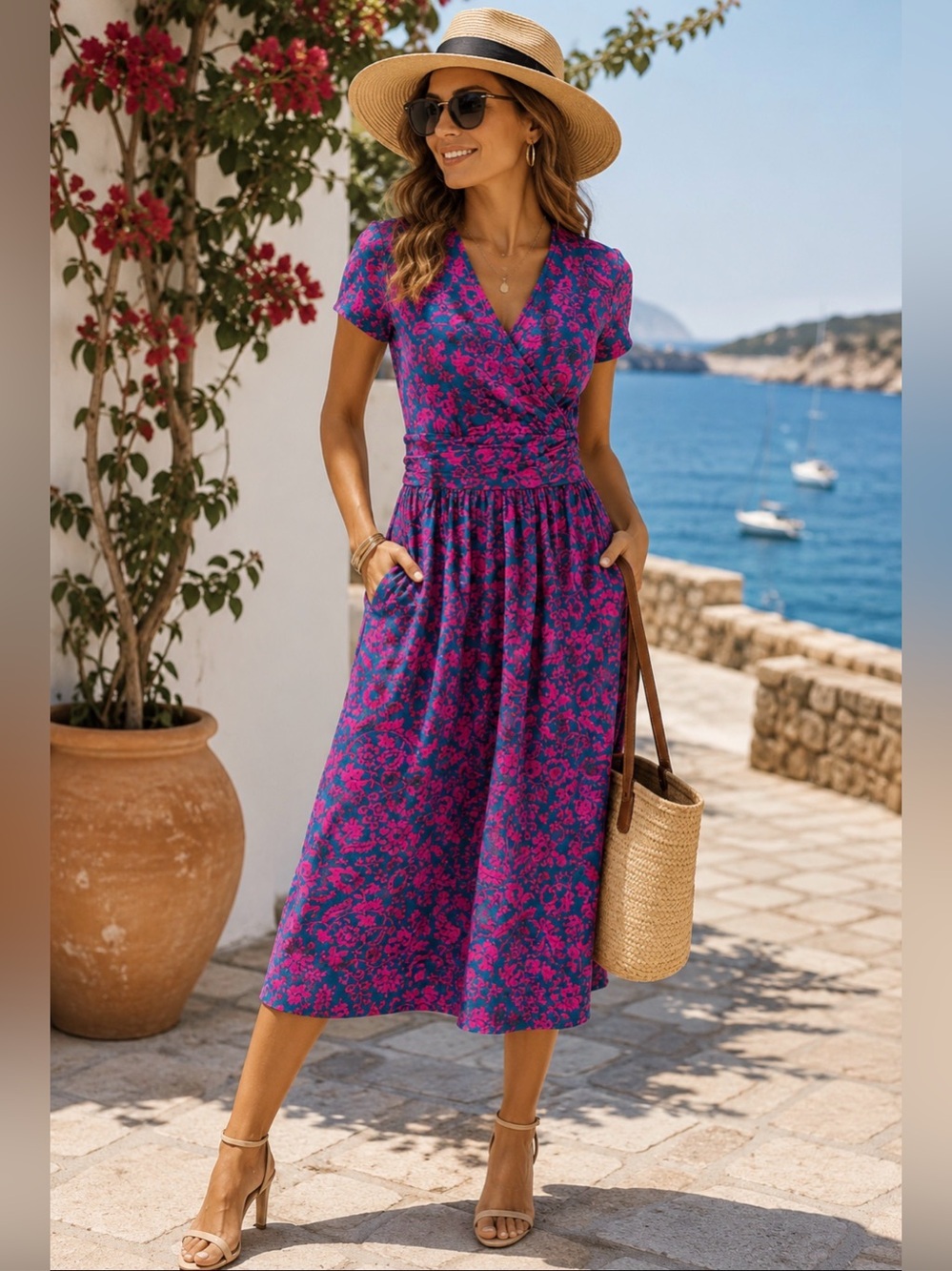 Boden Floral Midi Dress in blue and Pink